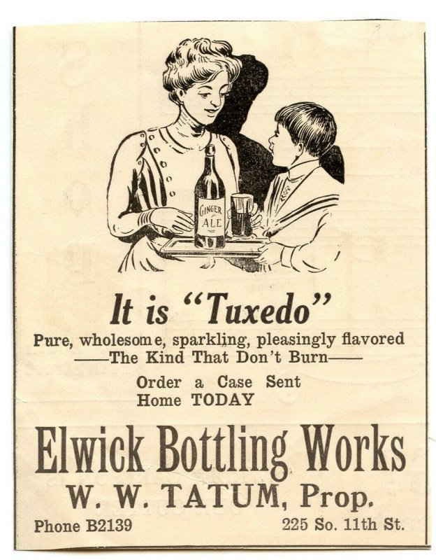 It Is Tuxedo Elwick Bottling Works Vintage Paper Advertisement