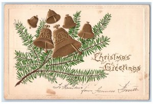1904 Christmas Greetings Pine Leaf Ringing Bells Embossed Posted Tuck's Postcard 