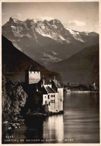 Vintage Postcard Real Photo Chateau De Chillon Dents Du Midi Veytaux Switzerland