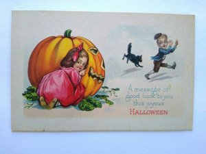Halloween Postcard Children Playing Black Cat Stecher 1290 D Unused Vintage