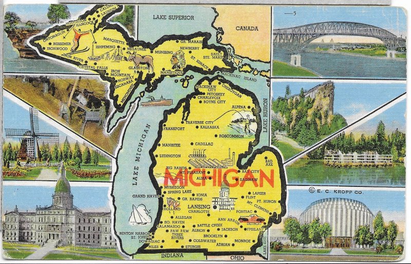 US used Michigan Map and Pictures #839 coil, Mailed 1949.  Nice.