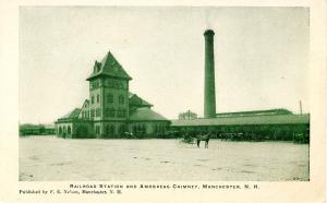 NH - Manchester. Railroad Station, Depot and Amoskeag Chimney