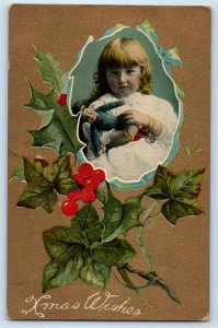 c1910's Christmas Cute Little Girl With Toy Holly Berries Antique Postcard