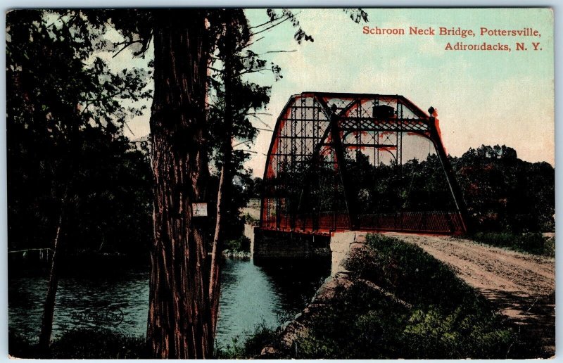 c1910s Pottersville, Adirondacks, NY Schroon Neck Bridge Postcard Leighton A72
