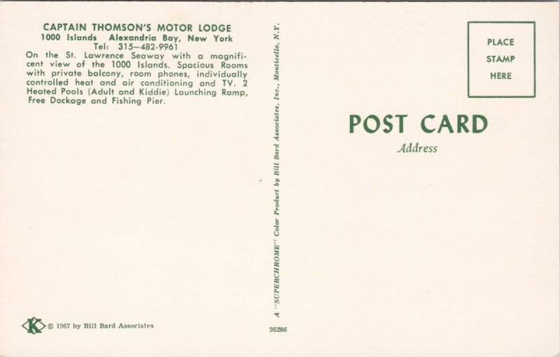 Captain Thomson's Motor Lodge 1000 Islands Alexandria Bay NY Unused Postcard H59