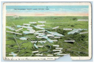 1943 Aerial View Waukesha County Lakes Region Map Wisconsin WI Vintage Postcard