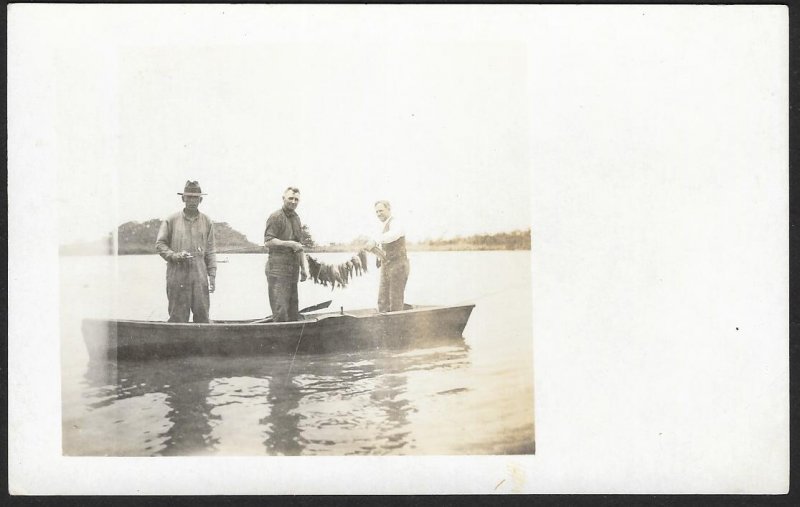 Three Men Standing in Rowboat with String of Fish RPPC Unused c1910s