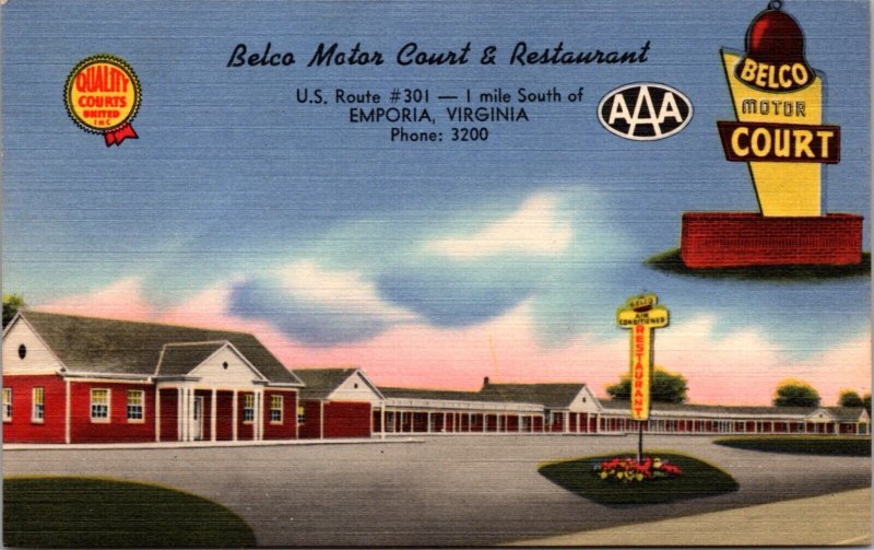 Linen Postcard Belco Motor Court & Restaurant US Route #301 in Emporia, Virginia