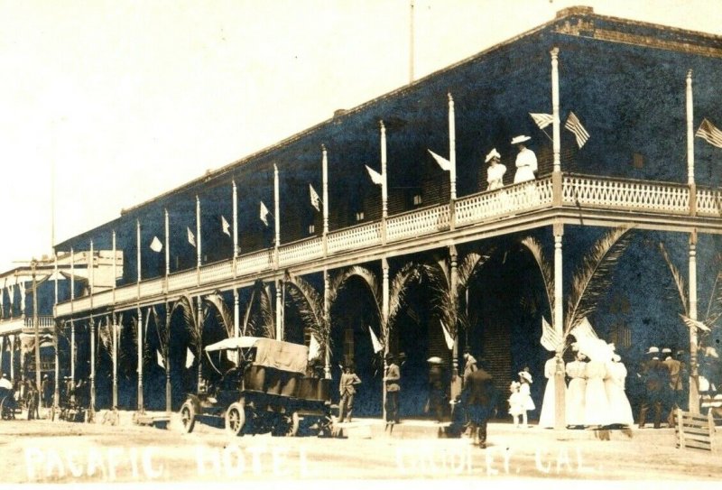 C.1920s Cars Flags Pacific Hotel Gridley, California RPPC Real Photo P109