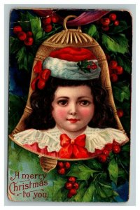 Vintage 1910's Christmas Postcard Gold Bell Cute Child with Santa Hat Mistletoe