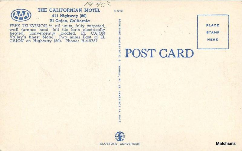 1940's Californian Motel EL Cajon San Diego Roadside E.B. Thomas POSTCARD 6300