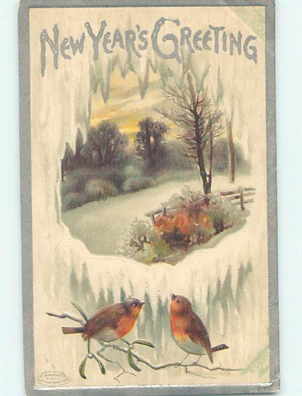 Pre-Linen new year PAIR OF CUTE BIRDS AND WINTER SCENE THROUGH THE ICE HQ8063