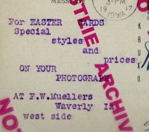 Waverly IOWA RPPC 1917 ADVERTISING F.W. Mueller PHOTOGRAPHY STUDIO Car ACCIDENT 