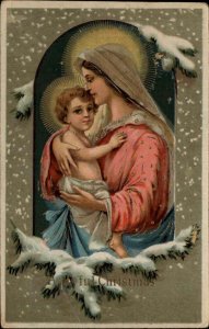 Christmas Mary Baby Jesus Snowy Boughs Gel Postcard
