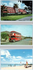 3 Postcards FREEPORT, BAHAMAS ~ Double Decker Bus CASTAWAYS HOTEL Beach c1960s