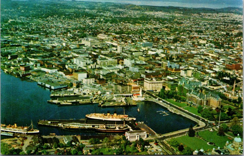 Vtg 1950s Aerial View Ships Harbour Victoria BC Canada Chrome Postcard