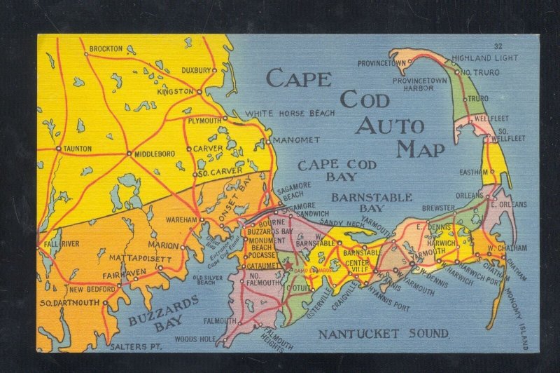 CAPE COD AUTO MAP MASSACHUSETTS MAP VINTAGE LINEN POSTCARD