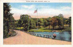 Des Moines Iowa~McRae Park~Road along Pond~Rustic Railing~American Flag~1940s Pc