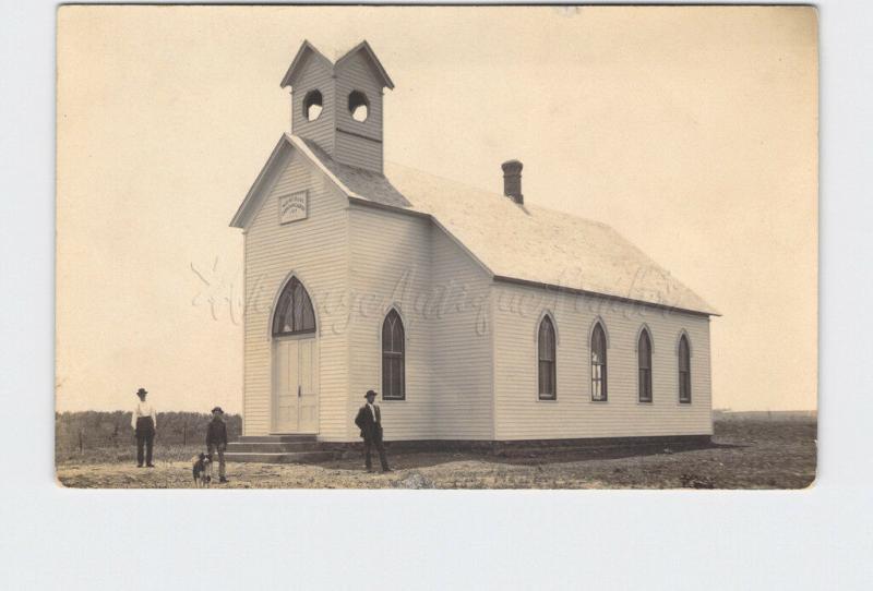 RPPC REAL PHOTO POSTCARD MOUNT OLIVE CHRISTIAN CHURCH 1909 TWO MEN BOY DOG