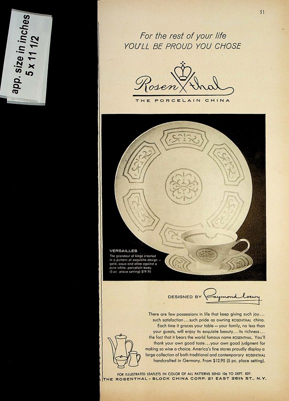 1958 Rosenthal Porcelain China Raymond Loewy Vintage Print Ad 7511