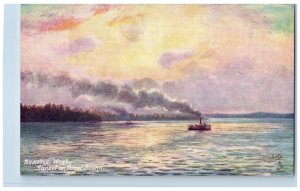 Seattle Washington Postcard Sunset On Puget Sound Steamship c1910 Tuck Oilette