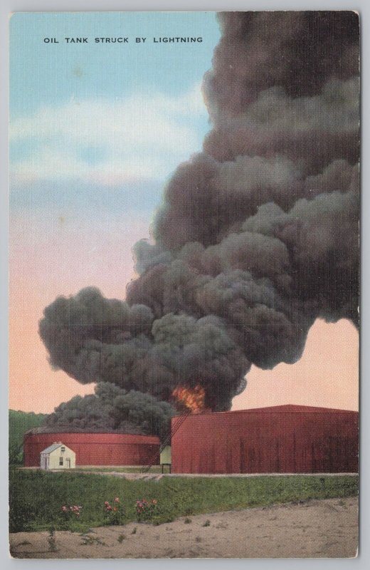 Disaster~Oil Tank Struck By Lightning~Smoke & Fire Explosion~Vintage Postcard 