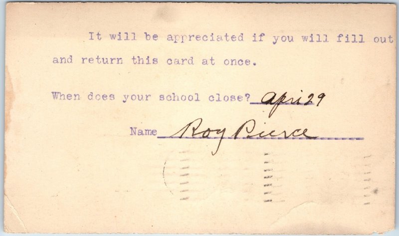 c1910s Burlington, IA School Close Date Student Card Query Response Postcard A26