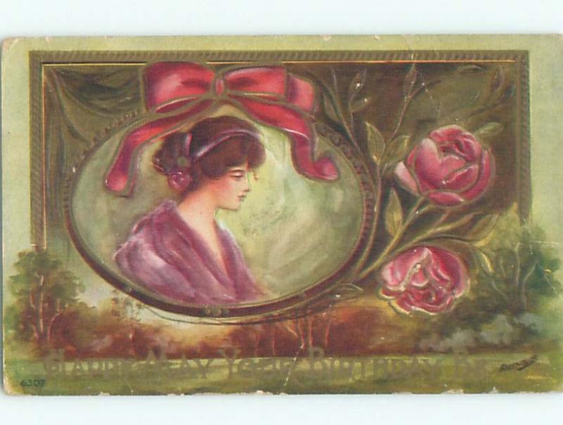 Pre-Linen signed PRETTY GIRL WITH RIBBON AND PINK ROSE FLOWERS W7030