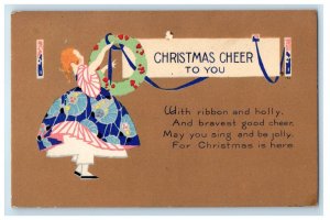 c1910's Christmas Girl Holding Holly Ribbon Wreath Embossed Antique Postcard