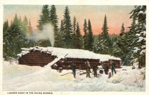 Vintage Postcard 1920's Lumber Camp in the Maine Woods ME Men in Front of Cabin