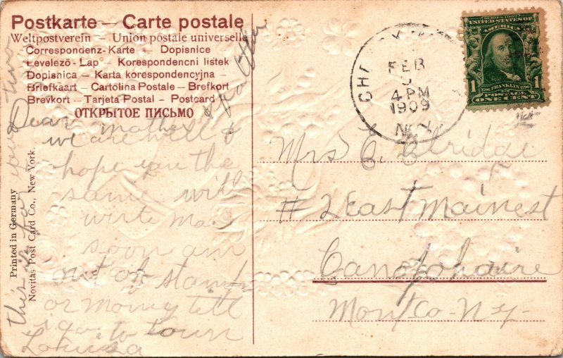 Postcard NY Cherry Valley embossed greetings roses hands 1909