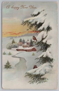 Holiday~Path To Church & Pine Tree New Year Greeting~Vintage Postcard