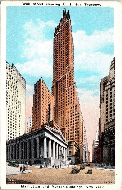 Wall St US Sub Treasury Manhattan Morgan Bldgs New York NY WB Postcard UNP VTG 