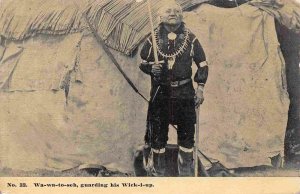 Wa-wa-t-seh Guarding his Wickiup Native American Indian 1913 postcard