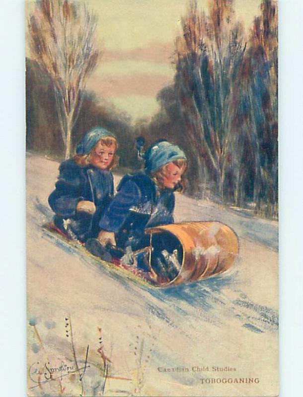 Pre-Linen signed BEAUTIFUL VIEW OF GIRLS RIDING ON TOBOGGAN SLED HL5162