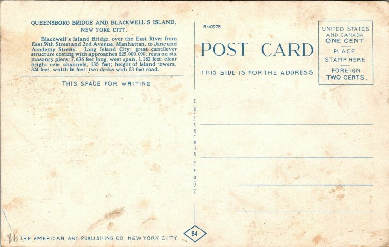 Vtg 1910's Queensboro Bridge Blackwell's Island New York City Antique Postcard
