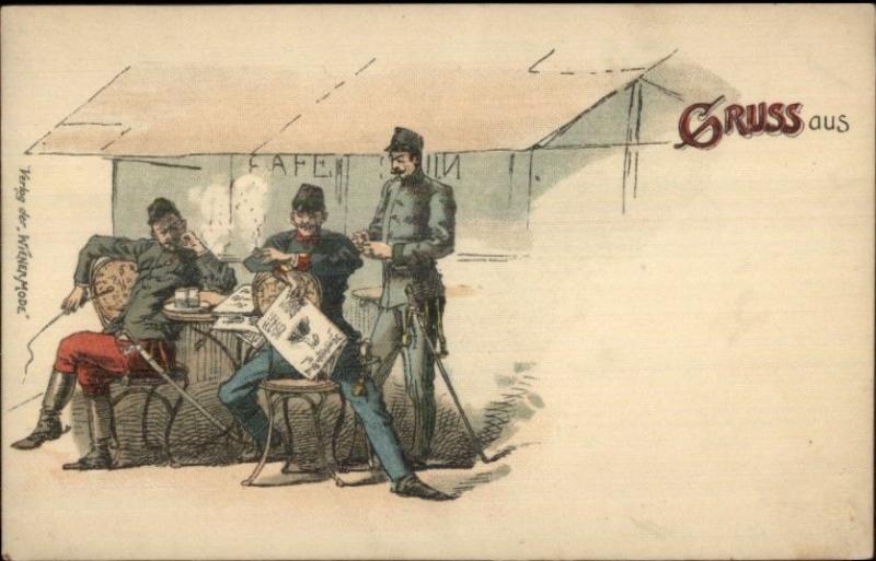 Gruss Aus German Military Comiuc Art Reading Newspaper Smoking Cigarettes