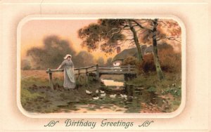 A Happy Birthday Greetings Lady and Swans Stream Bridge Vintage Postcard 1916