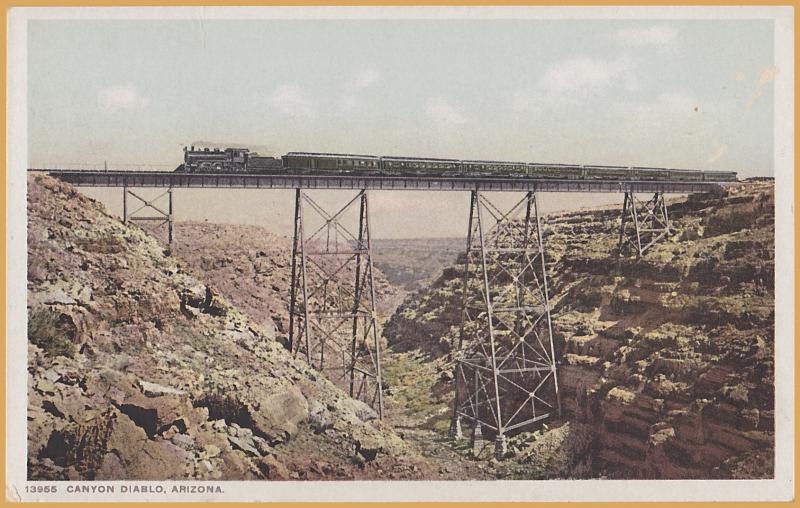 Canyon Diablo, Arizona, steam train passing over trestle - Fred Harvey 13955