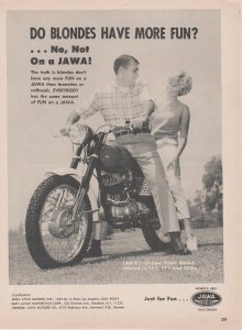 1966 Print Ad, Jawa Trials Motorcycle Do Blondes Have More Fun?