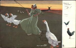 TUCK Dutch Natives Woman w/ Shepherd's Hook & Geese CROW  Comic PC