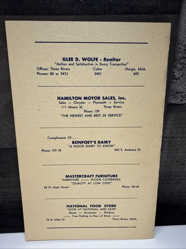 Vintage 40s HOTEL DE HAMBURGER Restaurant Menu Three Rivers Michigan Rare