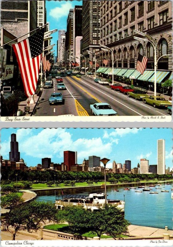 2~4X6 Postcards Chicago, IL Illinois STATE STREET SCENE & GRANT PARK~Boat Rides