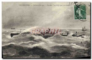 Postcard Old Ship Submersible Pluviose off Cherbourg in heavy weather Submarine