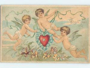 Divided-Back Valentine THREE CUPIDS FLYING AROUND HEART ho4254