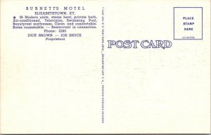 Elizabethtown, KY Kentucky  BURNETTS MOTEL~Brown & Shuck ROADSIDE Linen Postcard