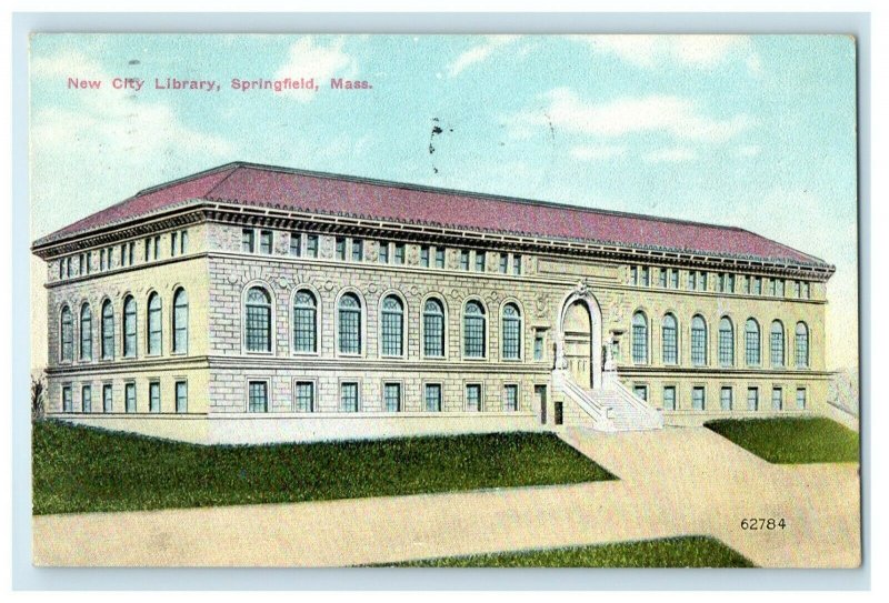 1910 New City Library Building Springfield Massachusetts MA Antique Postcard