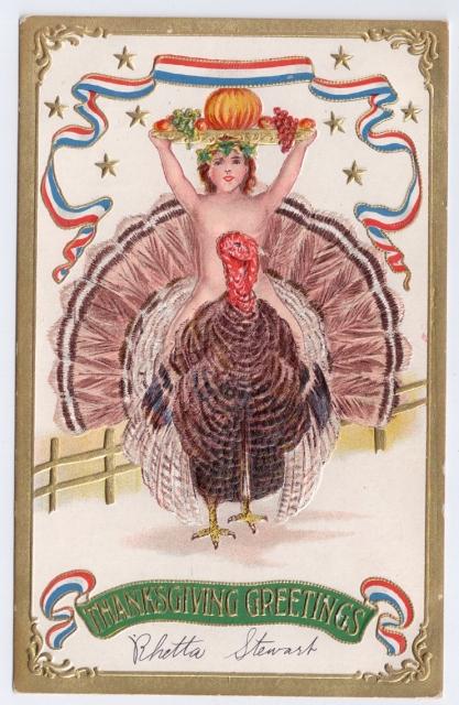 Patriotic Thanksgiving Child Riding Turkey 1908 Embossed Gold Gilt Postcard