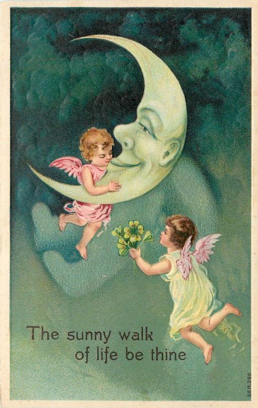 Embossed Fantasy Art Postcard Cherubs & Man in Crescent Moon Ser.260 unposted