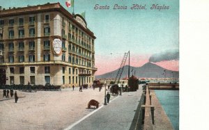 Naples Italy, View Santa Lucia Hotel Pier IT Vintage Postcard c1910